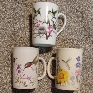 3 Otagiri Floral Hummingbird Porcelain Mugs